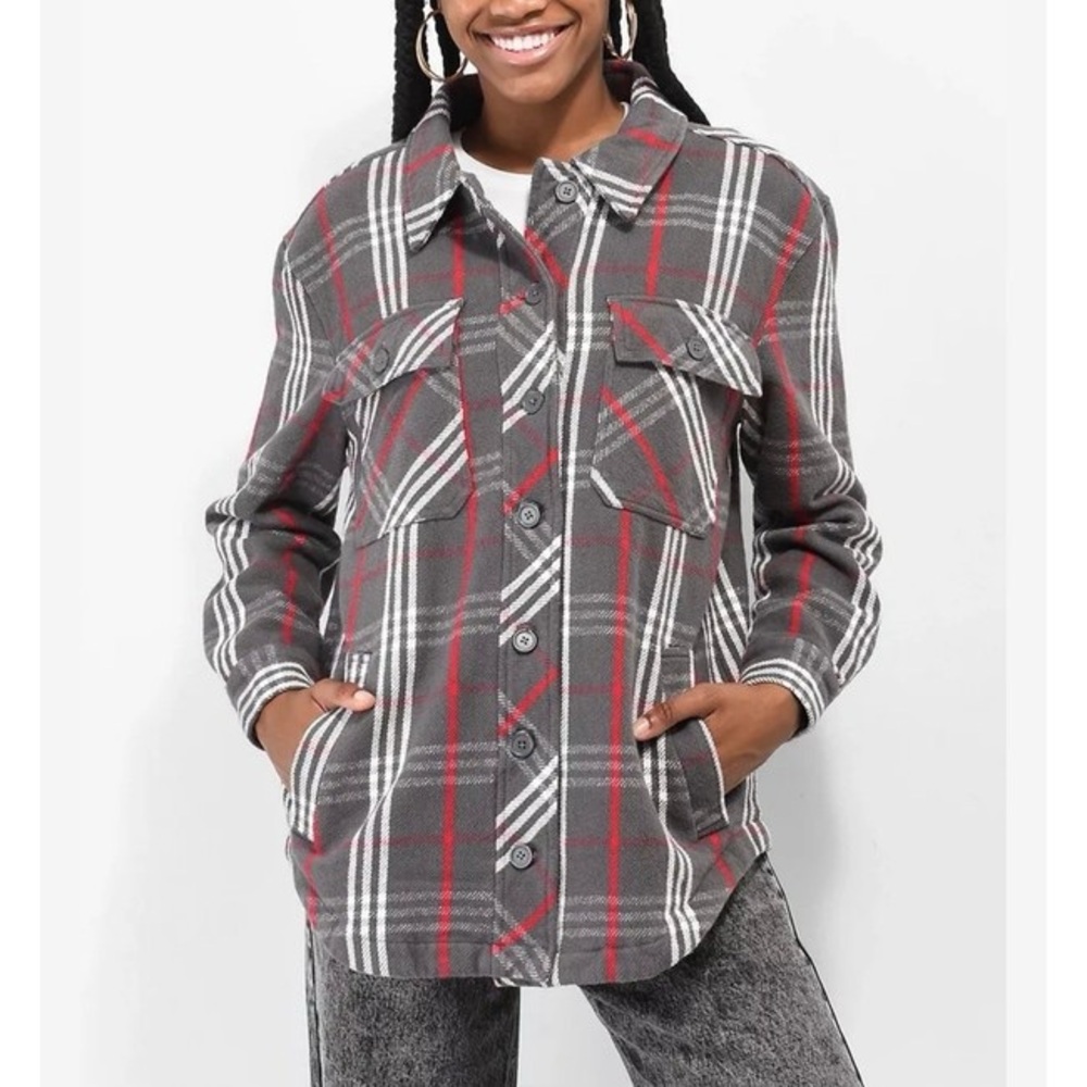 Empyre Kiva Plaid Shacket Jacket Men’s Large Charcoal Red Lined Button Front
